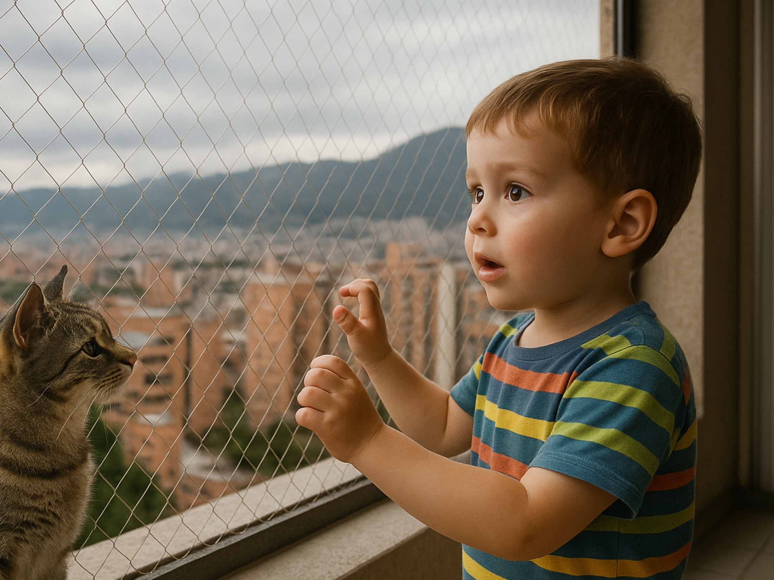 Amplio balcón con vistas a la ciudad al atardecer, asegurado con mallas de seguridad Mallas Esmeralda